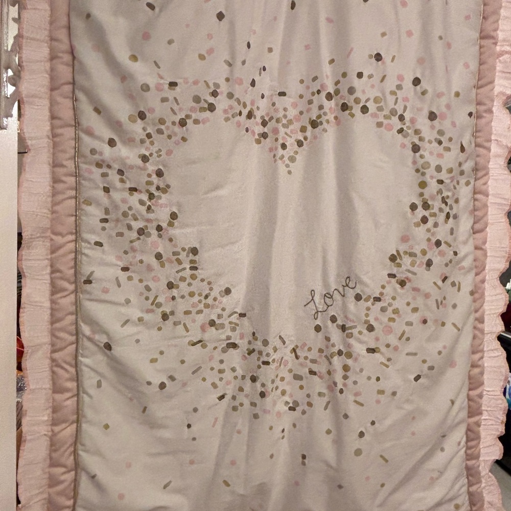 Lambs & Ivy Soft Pink and White 'Love' Heart Baby Blanket w/Gold Trim